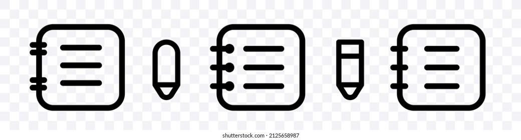 Notepad icons. Set of black vector icons of notebooks and pencils or pens. Vector clipart isolated on transparent background.