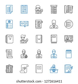 notepad icons set. Collection of notepad with news report, notebook, paper, list, news reporter, diary, task, notes, tasks. Editable and scalable notepad icons.