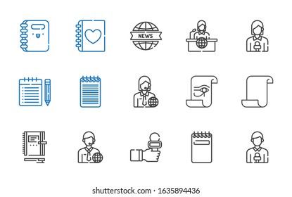 notepad icons set. Collection of notepad with news reporter, notebook, paper, note, news report, diary. Editable and scalable notepad icons.