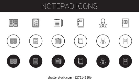 notepad icons set. Collection of notepad with notebook, task, note, news reporter. Editable and scalable notepad icons.