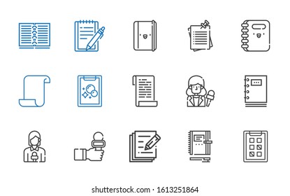 notepad icons set. Collection of notepad with tasks, notebook, write, news reporter, paper, notes. Editable and scalable notepad icons.