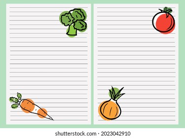 Notepad with illustrations of vegetables: broccoli, carrots, onions, tomatoes. Vector planner, notepad, diary.