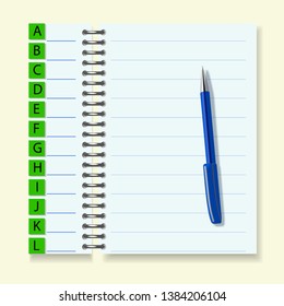 Notepad for keeping the directory on the iron springs with a fountain pen. can be used for website design.  for the layout of the booklet, brochures.