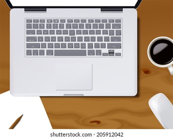 Notepad, laptop and coffee cup on wood table, drawing by illustration