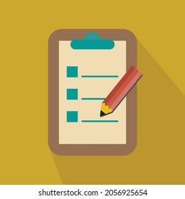 Notepad with a list and a pencil. Flat vector illustration icon. Isolated on a yellow background.