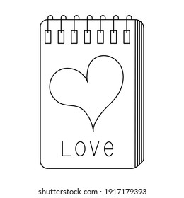 Notepad for love notes. Sketch. On the cover there is a heart and an inscription love. Closed. Doodle style. A personal diary for cute thoughts. Notebook on a spring. Outline on an isolated background