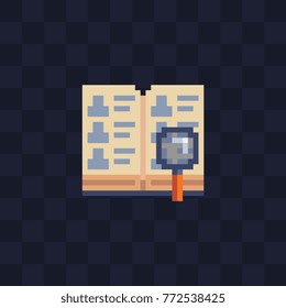 Notepad and magnifier. Pixel art style. Search for contacts. Design for the website and mobile devices. 8-bit. Isolated abstract vector illustration.