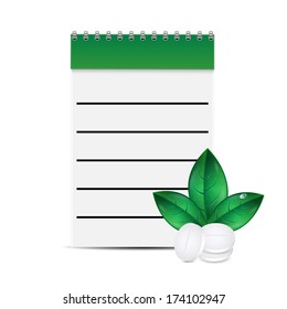 notepad medical prescriptions and pills.notepad and tablet with green leaves isolated on white background.vector