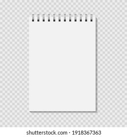 Notepad mock up on transparent background. Blank pages, copybook with metal spiral template. Realistic closed notebook vector illustration.