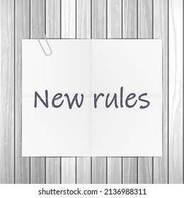 Notepad new rules text on wooden background. Vector illustration.