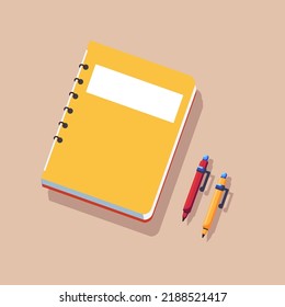 Notepad, notebook with pens flat vector illustration. Workbook, diary, note, notes, notepad, notebook, pen, homework. Vector stock illustration.