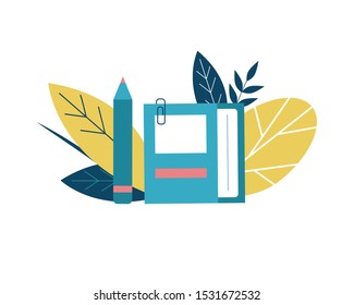 Notepad for notes and a pencil. The icon. Symbol of work, learning, studying, school lessons. Flat vector illustration.