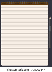 Notepad for notes with pencil, tool for business people, color for dark blue and aged paper, vector for design