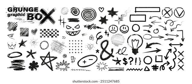 Notas del bloc de notas, garabatos, garabatos dibujados a mano. Subrayados, flechas, marcas, signos de puntuación, emojis. Garabatos, garabatos dibujados a mano en el tablero de la escuela, cuaderno. Vector, garabatos conjunto gráfico