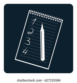 Notepad with numbers and marker, white on black background. Icon, vector illustration