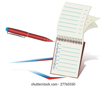 Notepad with numbers written on it, and a red ball-point pen in white background.