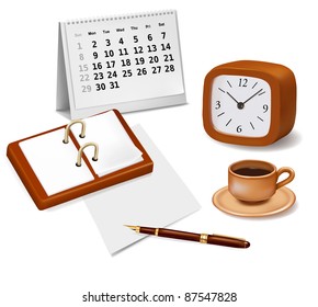 Notepad and office supplies. Vector illustration.