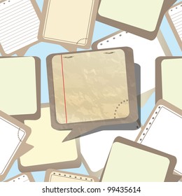 Notepad old paper sheets in speech bubble style, seamless background