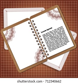 Notepad on a brown background. Template for menu cafe. Vector illustration.