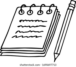 notepad on spiral rings with pencil and notes hand drawn in doodle style. Scandinavian simple monochrome. single element, icon, sticker stationery