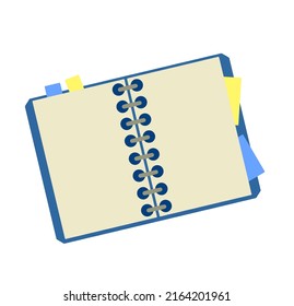 Notepad. Open notebook for writing. School book or textbook for studying. Flat cartoon