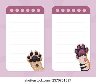 Notepad Page with Animal Paw and Animalistic Pet Claw Vector Sticker Template