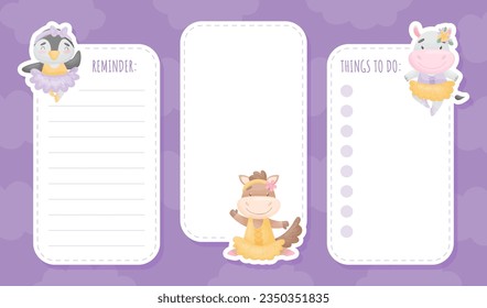 Notepad Page with Cute Animal Ballerina in Tutu Skirt and Pointe Shoes Vector Template