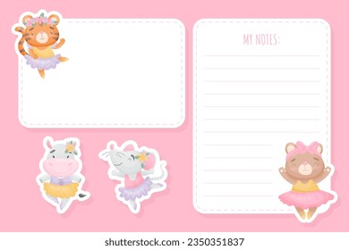 Notepad Page with Cute Animal Ballerina in Tutu Skirt and Pointe Shoes Vector Template