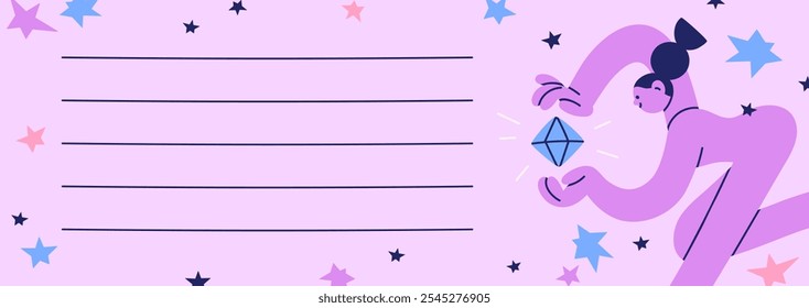 Design de página do Bloco de notas, modelo com linhas em branco no plano de fundo horizontal com moldura. Garota com estrelas misteriosas joia mágica. Diário de papel, diário, tela de fundo do notebook. Ilustração de vetor plano colorido