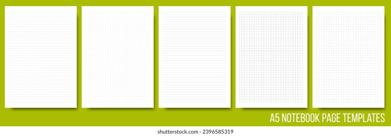 Notepad page layouts set in lined, squared, dotted, cross pattern. Note, notebook paper sheet on background. Vector illustration. Collection of white paper blank for memo or message. Print size A5