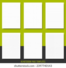 Layouts von Notepad-Seiten, die in gesäumten, quadratischen, gepunkteten, Kreuzmustern eingestellt sind. Notiz, Notizbuch-Blatt auf Hintergrund. Vektorgrafik. Sammlung von weißem Papier mit Leerzeichen für Memo oder Nachricht. Druckgröße A5