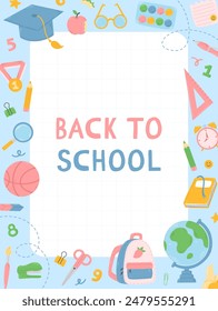 Notepad page template design with school supplies in cartoon flat style. Back to School vector illustration