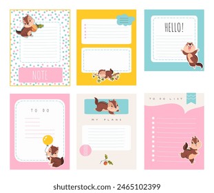 Notepad pages cartoon design. Childish sheets with stickers and cute details. Funny chipmunk stickers on planners and to do list, nowaday vector templates