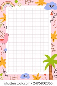 Notepad paper, cute funny page design. Kids diary background, framed with doodle style grid, cloud, rainbow, palm tree. Modern school planner, notebook template. Colorful flat vector illustration