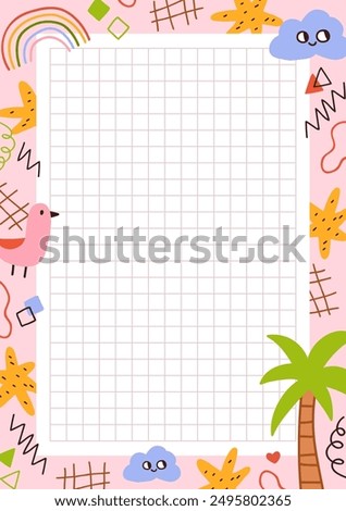 Notepad paper, cute funny page design. Kids diary background, framed with doodle style grid, cloud, rainbow, palm tree. Modern school planner, notebook template. Colorful flat vector illustration