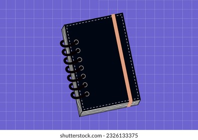 Notepad, paper diary, planner, bound with an elastic band. Closed journal for notes, sketchbook. Business document, workbook in a stitched, hard cover for planning. Education, short entry. Vector.