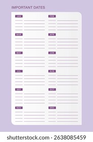 Notepad, Paper, Memo, Calander, Planner, Important Notes with Months Name Pages Design for Premium Diary Printing. Stationery and Backpack Supplies. Vector Illustration