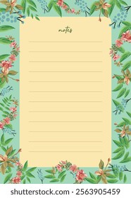 Notepad paper, note book page design. Cute diary with floral