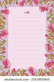 Notepad paper, note book page design. Cute diary with floral