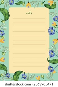Notepad paper, note book page design. Cute diary with floral