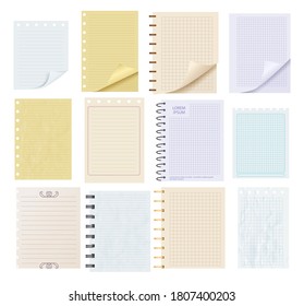 Notepad paper. Vector grid page ready for message, check-list creation and planning. empty blank spiral notepad or workbook diary paper sheet set isolated on white background. Stationary illustration