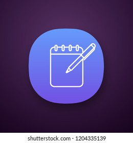 Notepad with pen app icon. Taking notes. To do list. Planner. Action planning. Business plans, goals, tasks writing down. UI/UX user interface. Web or mobile application. Vector isolated illustration