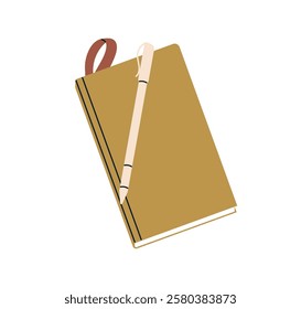 Notepad with pen. Business planner, journal for taking records, writing, planning. Organizer, office stationery. Closed notebook, note pad. Flat vector illustration isolated on white background