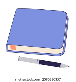Notepad with pen. Business planner, journal for taking records, writing, planning. Organizer, office stationery. Closed notebook, note pad. Flat vector illustration isolated on white background
