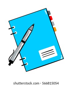 Notepad with pen cartoon sticker in retro style on white background, vector illustration for business and education themes.
