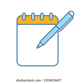 Notepad with pen color icon. Taking notes. To do list. Planner. Action planning. Business plans, goals, tasks writing down. Isolated vector illustration