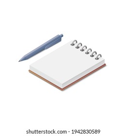 Notepad and pen. Colored isometric vector illustration. Isolated on white background.