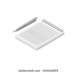 Notepad y concepto de lápiz. Ilustración vectorial isométrica de color. Aislado sobre fondo blanco.