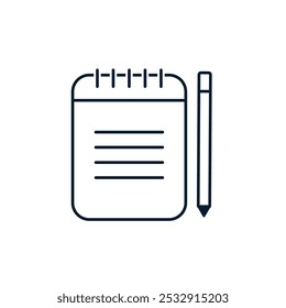 Notepad and pen. Concept of taking notes. Vector linear icon isolated on white background.