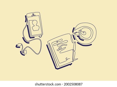 Notepad, pen, cup of coffee, phone with headphones flatlay one line art - back to school concept - freelance work